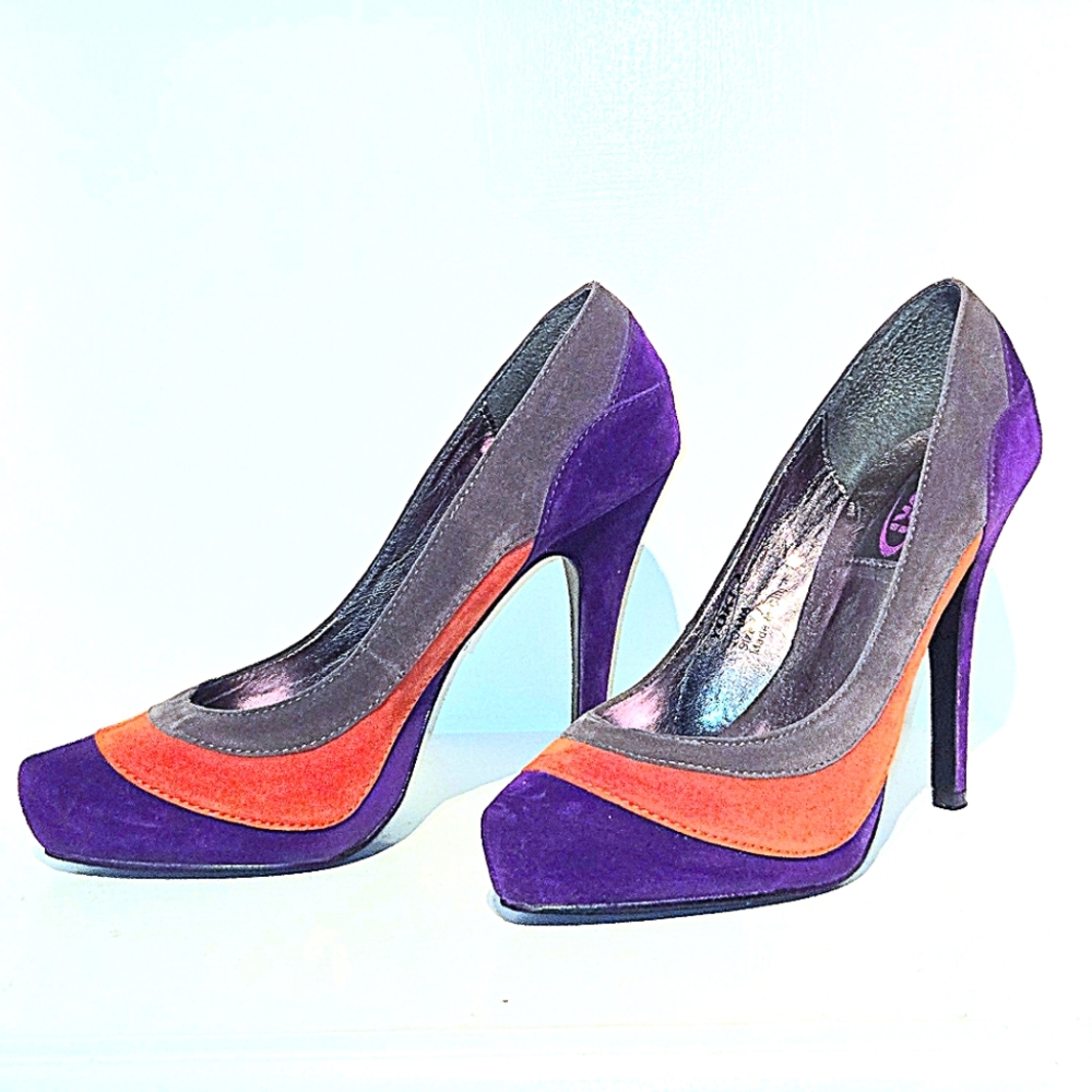 NWOT Colorblock Pumps Purple Orange & Gray Faux Suede, 4.5" Stiletto Heels